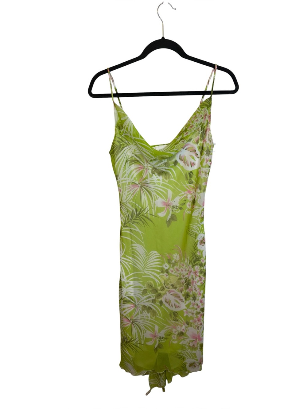 Fairweather Vintage Y2K Green Tropical Floral Drape Neck Midi Dress